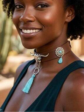 Turquoise Tassel Southwestern Choker Necklace -